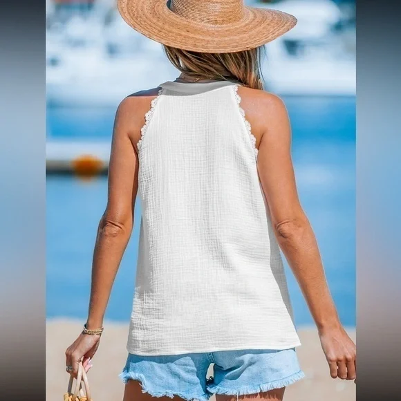 CUPSHE White V-neck Lace Trim Sleeveless Top - Picture 2 of 2